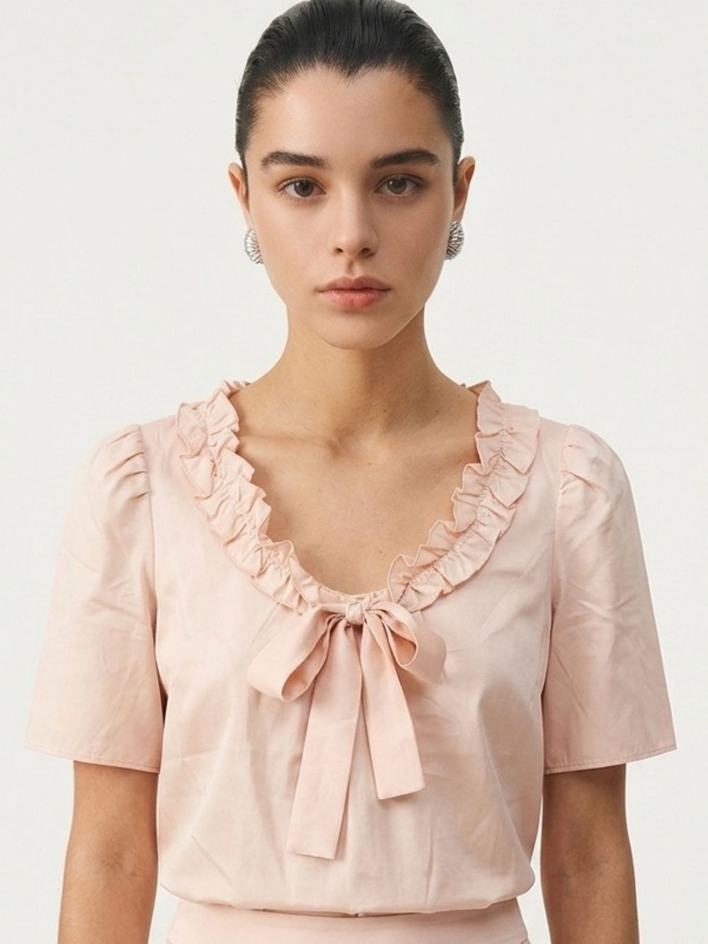 MOSCHINO | Blush Peach Ruffle Neckline Blouse with Tie Front Women’s Size 8